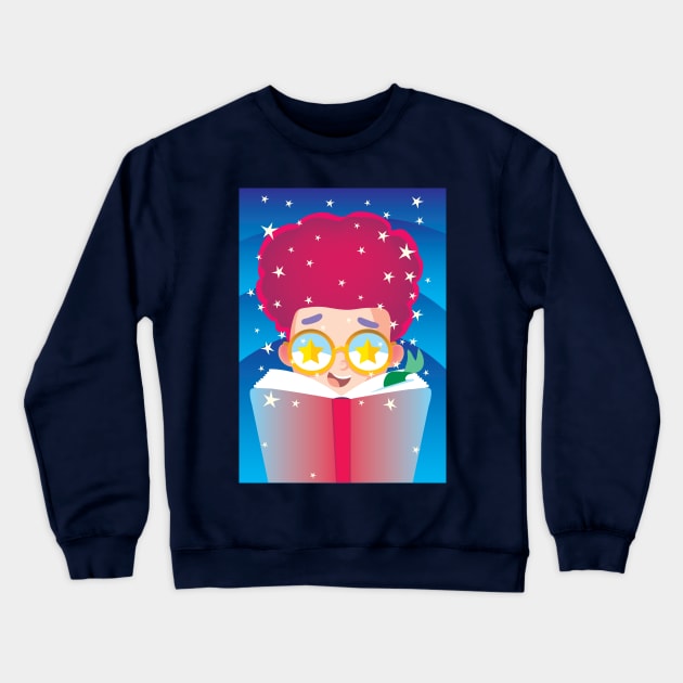 boy with red hair and stars on glasses reads a book Crewneck Sweatshirt by duxpavlic